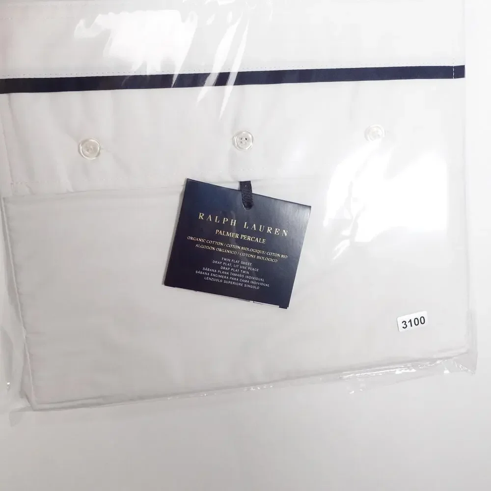 Ralph Lauren Organic Cotton Percale Palmer Twin Flat Sheet White/Polo Navy $125